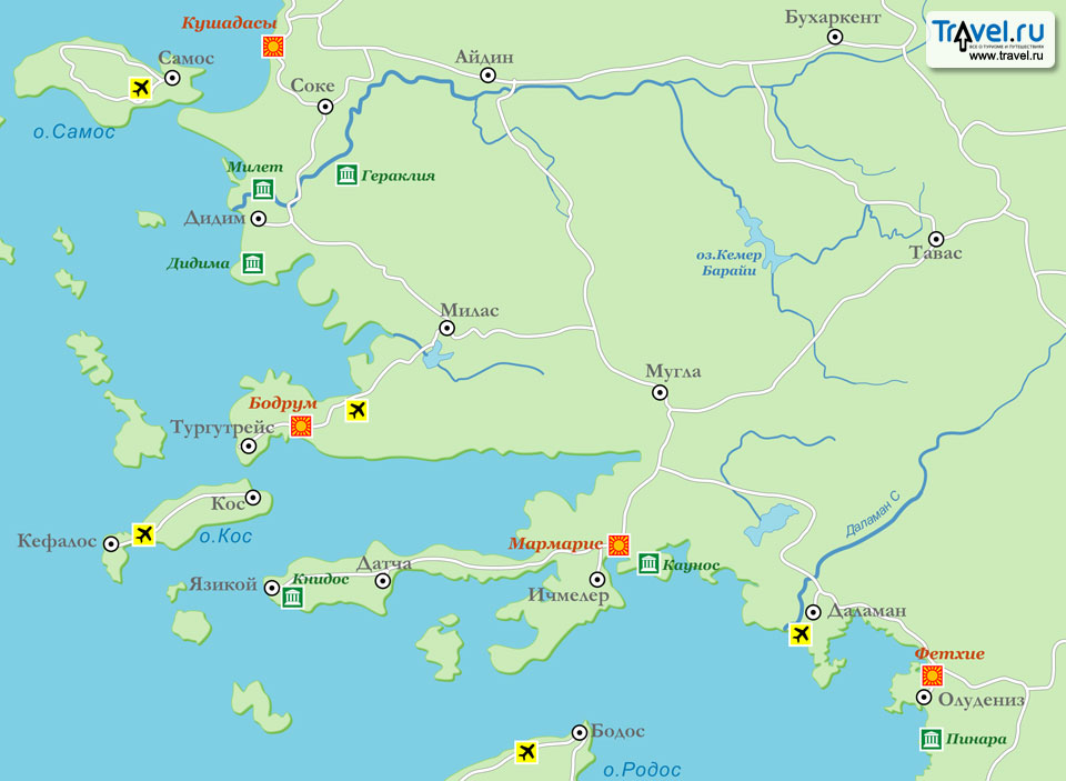 Карта эгейского побережья турции с курортами